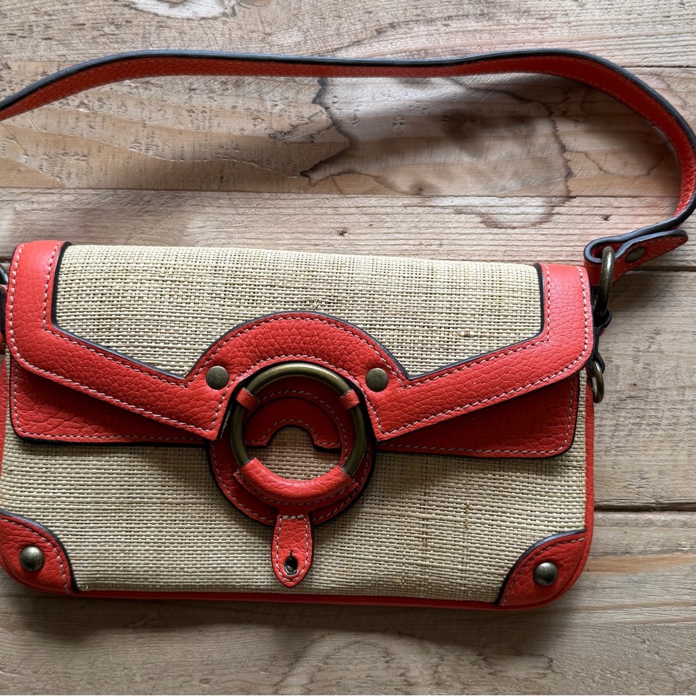J Crew Orange Leather and Raffia Small purse